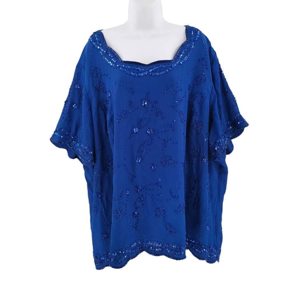 Romans Floral Plus Size Blue Beaded/Sequin Top